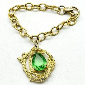 Green Gem Charm Bracelet Gold Plated Bamboo Framed Birthstone Gift Glam Bling